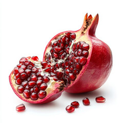 A single ripe pomegranate with seeds, isolated on a white background, emphasizing a unique fruit