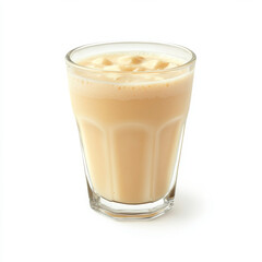 A glass of creamy banana smoothie, isolated on a white background, showcasing a nutritious drink
