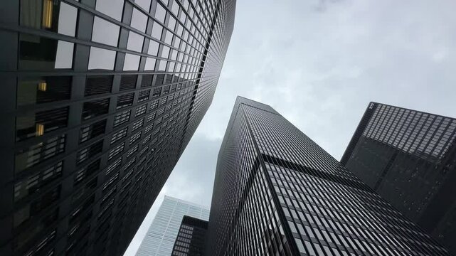 A Majestic View From The Bottom To The Top Of Skyscrapers In Toronto, Captured On A Clear Sunny Day, Reflecting The City Business And Financial Strength. Ontario, Canada.