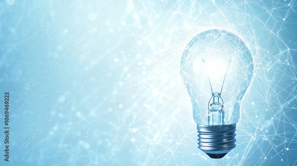 Poster light bulb glowing in a digital, abstract space with connecting lines and nodes in shades of blue an