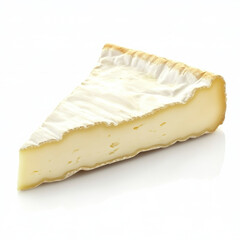A single slice of creamy brie cheese, isolated on a white background, showcasing a gourmet cheese option