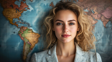 Naklejka premium Portrait of a Businesswoman Combined with a World Map, Symbolizing Global Trade