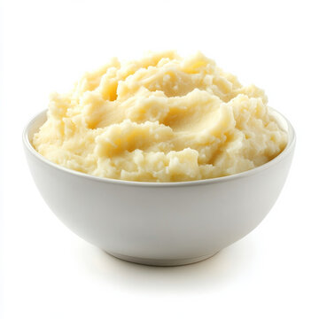 A bowl of fluffy mashed potatoes, isolated on a white background, showcasing a classic side dish