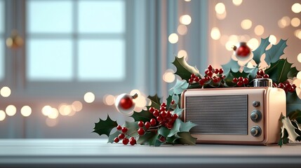 A vintage radio adorned with festive holly and red ornaments, set against a softly lit background, evoking a cozy holiday atmosphere.