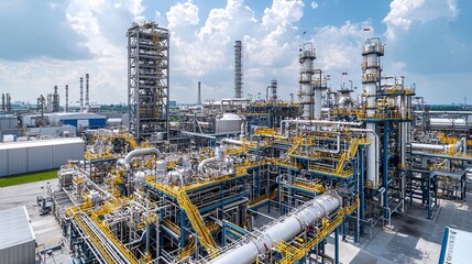 Panoramic view of a large biogas production complex, with multiple digesters, pipelines, and green spaces surrounding the plant. 8K