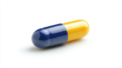 Vibrant Blue and Yellow Herbal Medicine Capsule with Glossy Finish on White Background