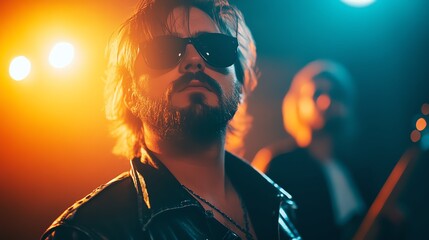 A cool musician in sunglasses performs passionately on stage, illuminated by colorful lights, capturing the vibe of a live concert.