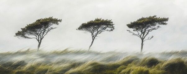 Three trees in misty landscape with windswept grass, serene nature scene. Tranquility and solitude concept