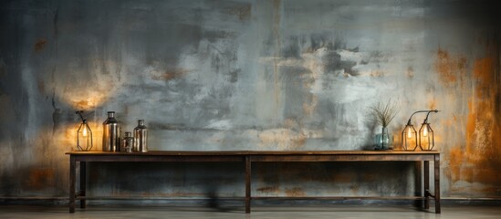 Rustic wooden table with two lamps and a vase on a textured wall.