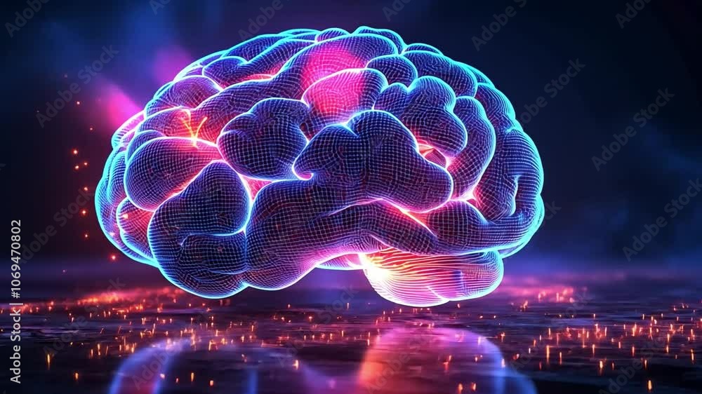 Poster vibrant digital representation of a brain illuminated with colorful lights and neural connections