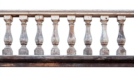Isolated Vintage Banister Fence on White Background, Showcasing Intricate Woodwork and Weathered Details, Emphasizing Charm and Character