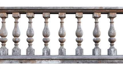 Isolated Vintage Banister Fence on White Background, Showcasing Intricate Woodwork and Weathered Details, Emphasizing Charm and Character