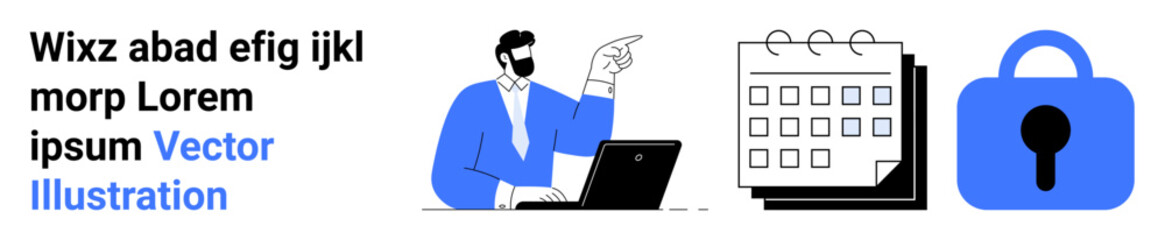 Businessman wearing suit pointing while working on laptop, adjacent to a calendar and a blue secure lock. Ideal for business strategy, project management, data security, IT solutions, online privacy