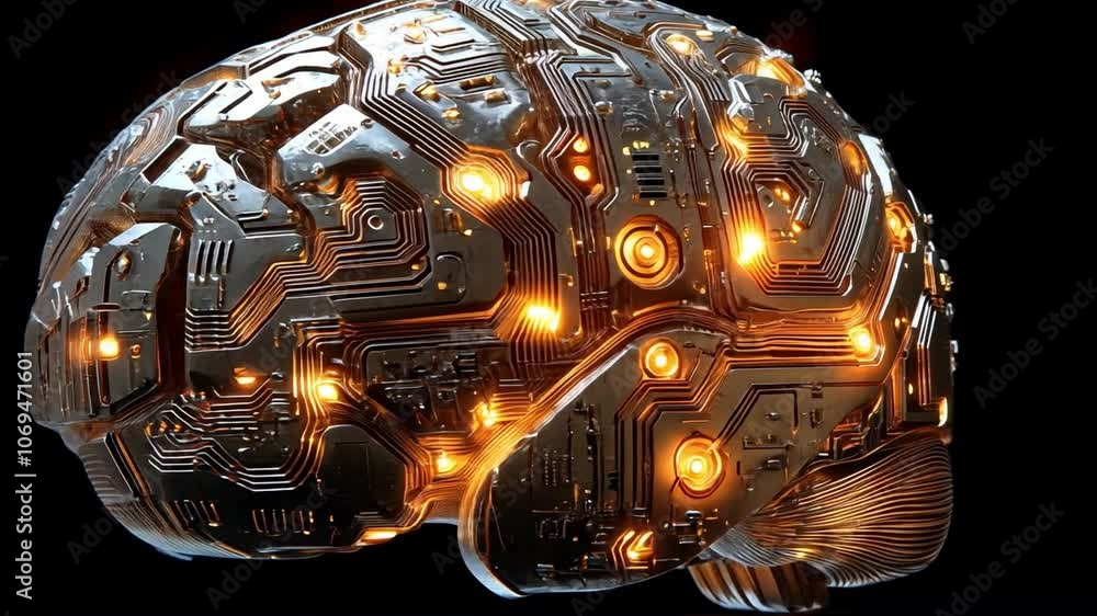 Poster a futuristic representation of a brain with glowing circuits set against a dark background