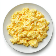 A plate of fluffy scrambled eggs, isolated on a white background, showcasing a simple breakfast option
