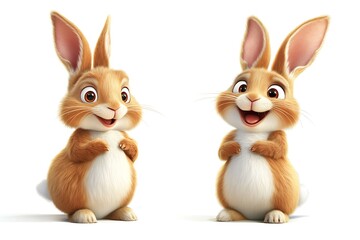 Two adorable, fluffy cartoon rabbits standing upright, smiling happily, creating a cheerful and playful scene