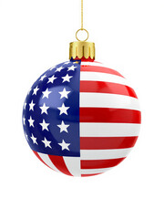 Christmas ball showing united states flag hanging on white background