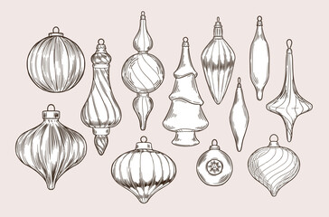 Set of vintage hand drawn christmas balls. Vector illustration of tree baubles on beige backgraund.