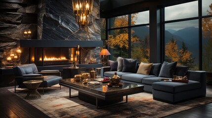 Modern living room with fireplace, large windows, and mountain views.