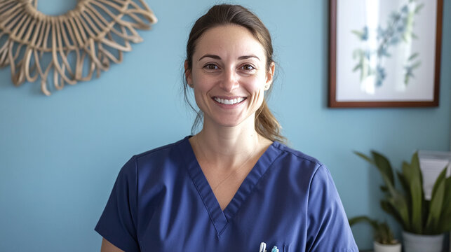 A Compassionate Hospice Nurse: Offering Comfort and Care with a Warm Smile Against a Gentle Light Blue Background