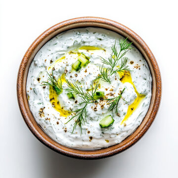 A bowl of Greek tzatziki sauce, isolated on a white background, showcasing a traditional yogurt dip