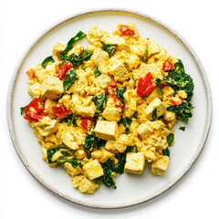 A plate of scrambled tofu, isolated on a white background, showcasing a vegan breakfast option