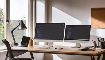 Modern Home Office Setup with Dual Monitors