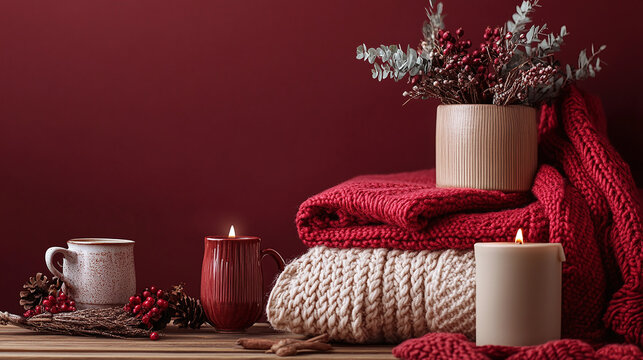 A Cozy Fall Retreat: Warm Blankets, Tea, and Candles for the Ultimate Comfort, Set Against a Rich Burgundy Backdrop