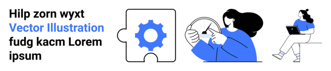 Puzzle piece with gear icon, person holding steering wheel, and person with laptop. Ideal for teamwork, problem-solving, online learning, collaboration, technology use, productivity, education