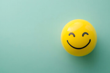Fototapeta premium Cheerful yellow smiley face ball is featured on a light green background, conveying happiness and positive emotions