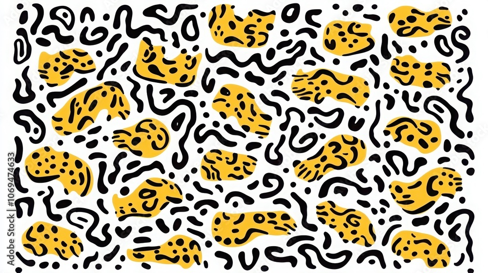 Poster colorful abstract patterned background with leopard spots and black lines.