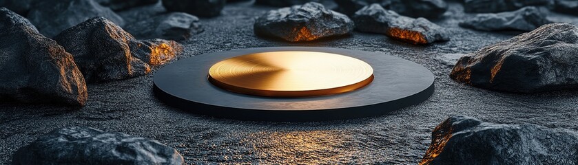 Fototapeta premium Discover how a golden disc emerges from the rocks in a stunning 3d rendered setting