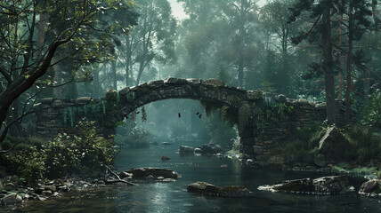 Fototapeta premium Ancient Stone Bridge: A timeworn stone bridge spanning a quiet river in a dense forest.