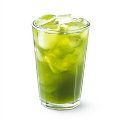 A glass of iced green tea, isolated on a white background, highlighting a refreshing drink