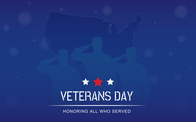 Three soldiers saluting on veterans Day banner, Veterans Day template with USA flag and soldiers salute, veterans day vector wall paper design with blue background