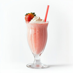 A glass of strawberry milkshake, isolated on a white background, showcasing a creamy drink