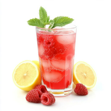 A glass of sweet raspberry lemonade, isolated on a white background, highlighting a fruity drink