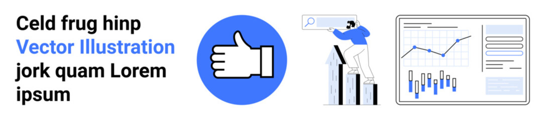 Thumbs-up icon, person analyzing chart on bar graph, data analytics panel with graphs. Ideal for performance metrics, social media engagement, teamwork, data-driven decisions, business growth
