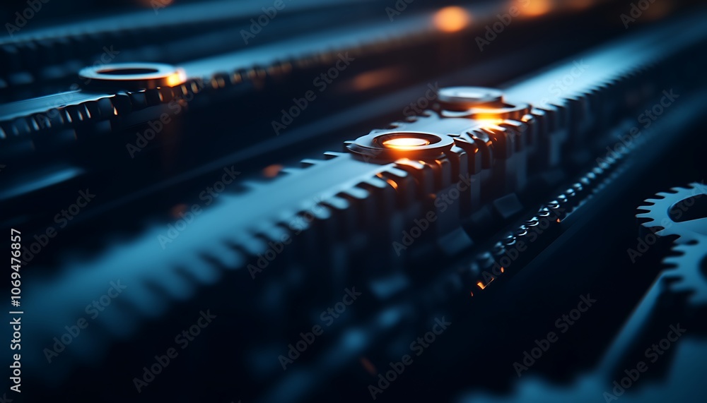 Poster a close-up view of interlocking gears with glowing details on a dark background, emphasizing mechani