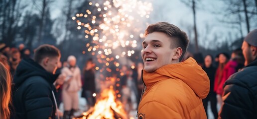 Happy young man at a bonfire with friends, celebrating the holiday season.