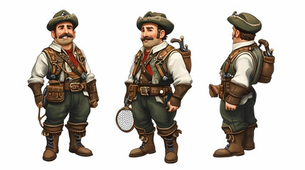 Naklejka premium A cartoon character dressed in hunting gear with a net and a variety of weapons. He stands in three different poses.