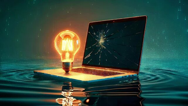 A laptop with a broken screen floating in water with a light bulb on top.