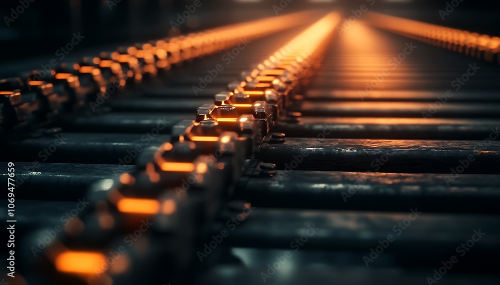 Poster a close-up view of glowing, metallic chains lined on a dark surface, illuminated by soft, warm light