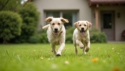 Two Labrador Retriever joyfully playing alone in the garden of a house