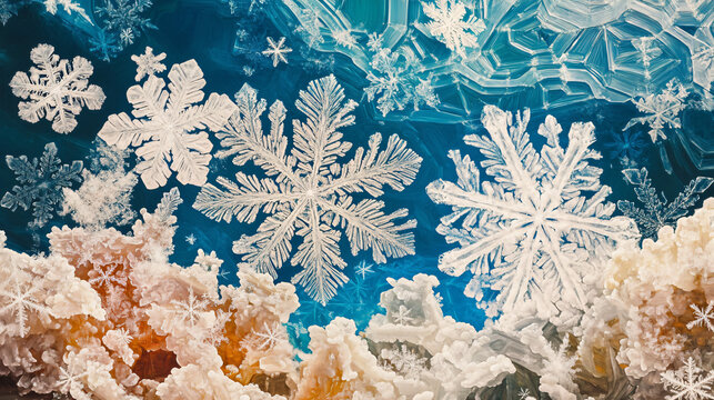 An artistic representation of snowflakes and their unique structures under a microscope.