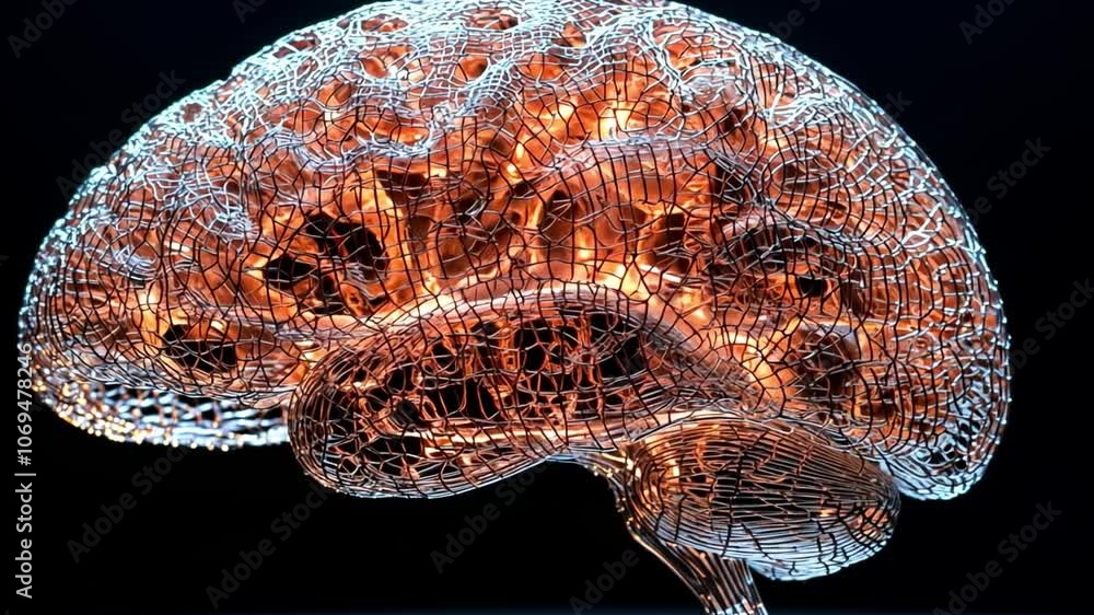 Poster 3d glowing brain model showcasing neural connections with intricate wireframe details