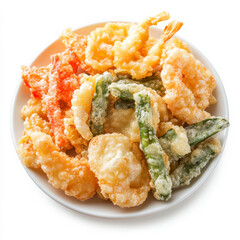 A plate of fried tempura vegetables, isolated on a white background, highlighting a crispy dish