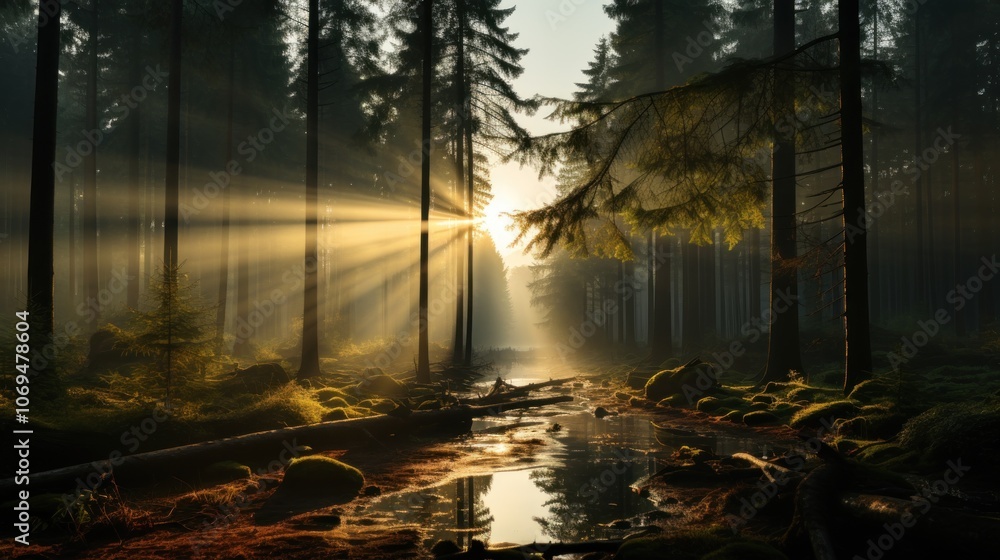 Poster sunbeams shining through the trees in a misty forest, creating a magical and ethereal atmosphere. th