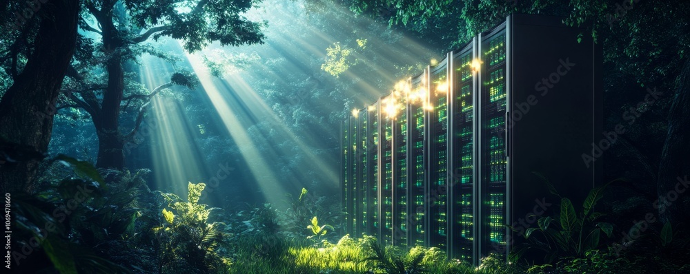 Poster data servers in a forest with sun rays, harmony between technology and nature concept