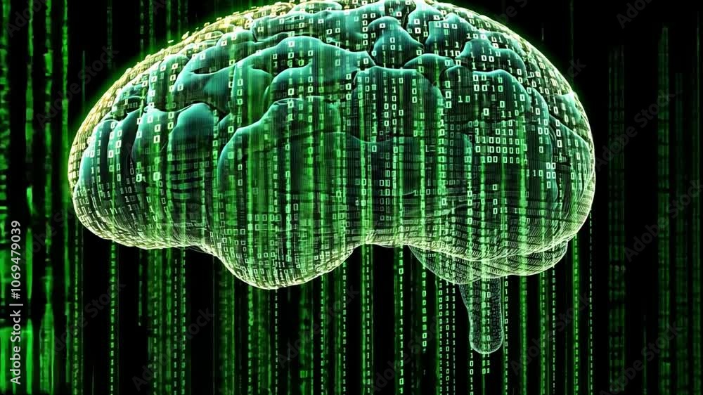Aufkleber a digital representation of a brain with green binary code in a futuristic design
